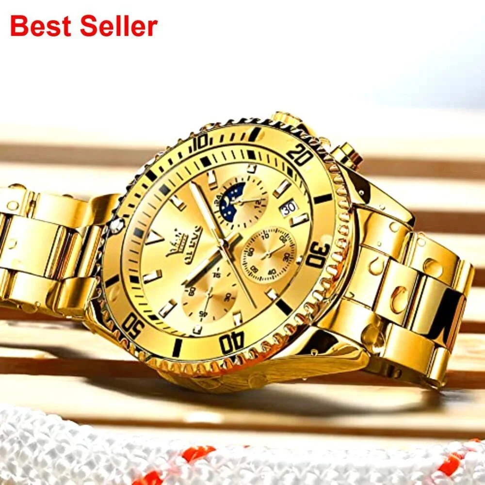 Stainless Steel Watch Big Face Analog Quartz Waterproof Chronograph